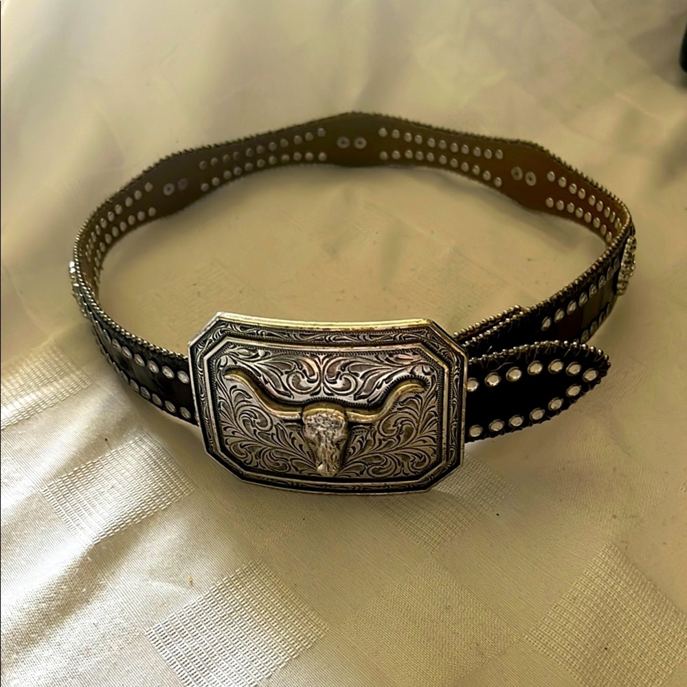 Silver and Black Western Belt with Bull Head Buckle